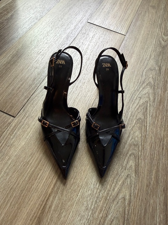 Zara Shoes - Zara Black Patent Pointed Slingback Heels with Buckle Detail